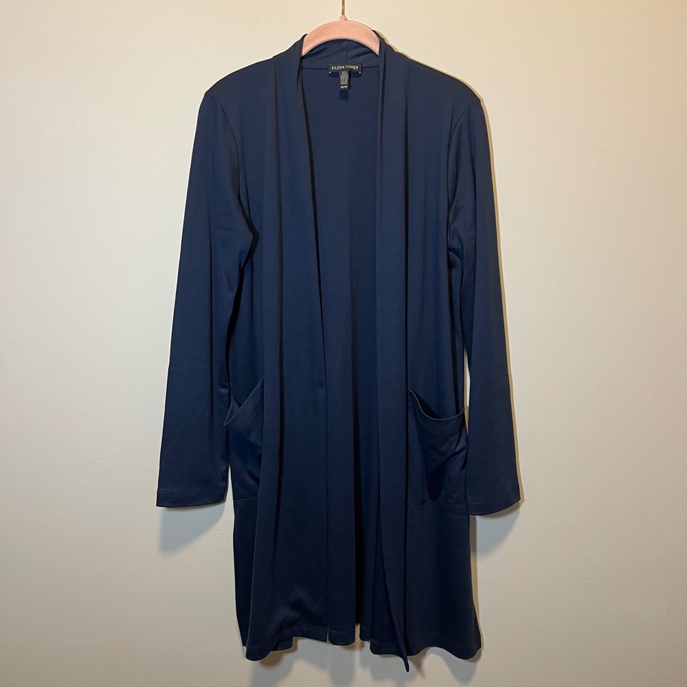 Eileen Fisher Navy Blue Tencel Lyocell Open Front Long Cardigan Pockets XS
